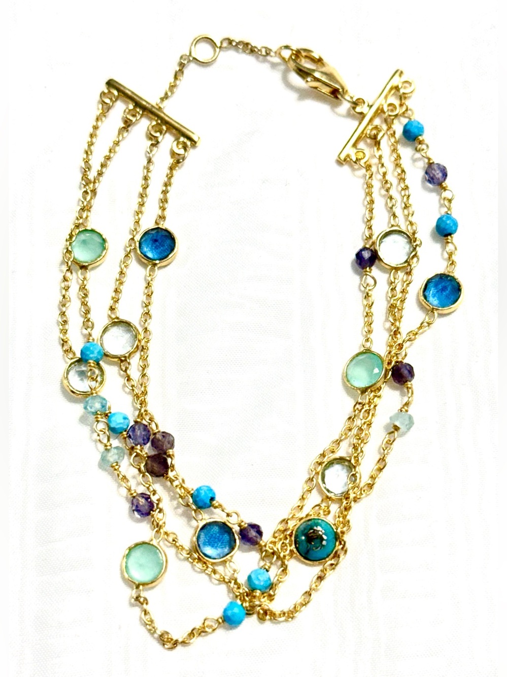 Gold Filled Multi-Strand Beaded Bracelet with Blue, Turquoise & Aqua Stones 7.5”